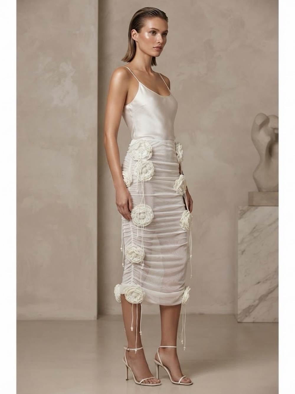 Ivory Floral-Embellished Midi Skirt - Elegant Ruched Design